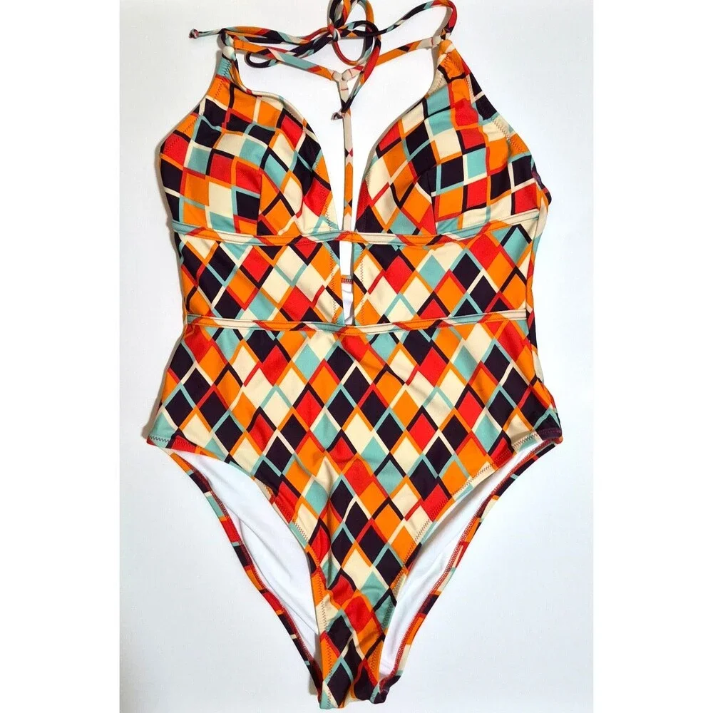 Cupshe Women's One Piece Swimsuit Diamond Pattern Orange Navy Blue White XL NWT